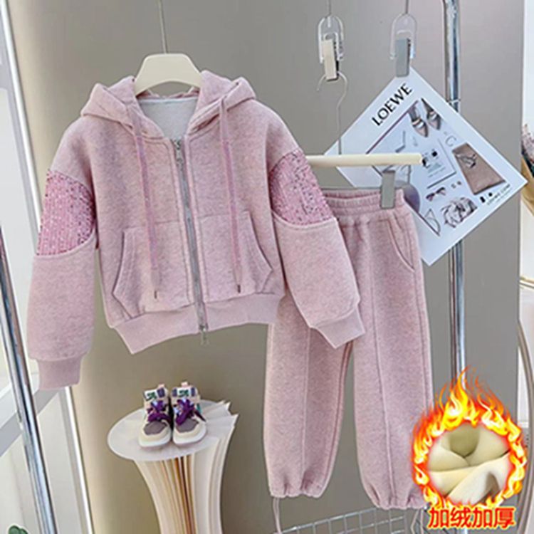 Internet celebrity girls autumn and winter suit  new medium and large children winter zipper sequined cardigan and velvet sweatpants two-piece set