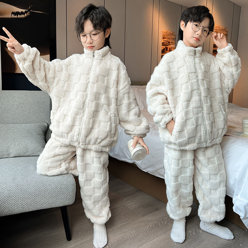 男童睡衣2023新款秋冬款儿童冬季珊瑚绒男孩家居服加厚套装法兰绒