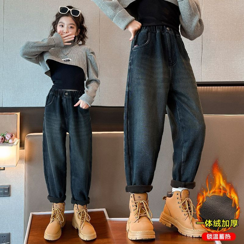 女童加絨牛仔褲秋冬款兒童洋氣時髦一體絨褲子女孩大童冬裝老爹褲