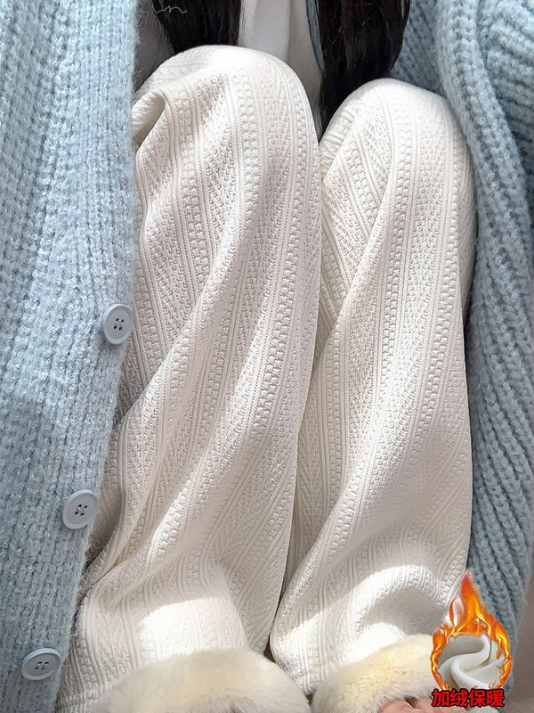 白色麥穗紋闊腿褲女秋冬高腰寬鬆休閒直筒雪尼爾加絨小個子拖地褲