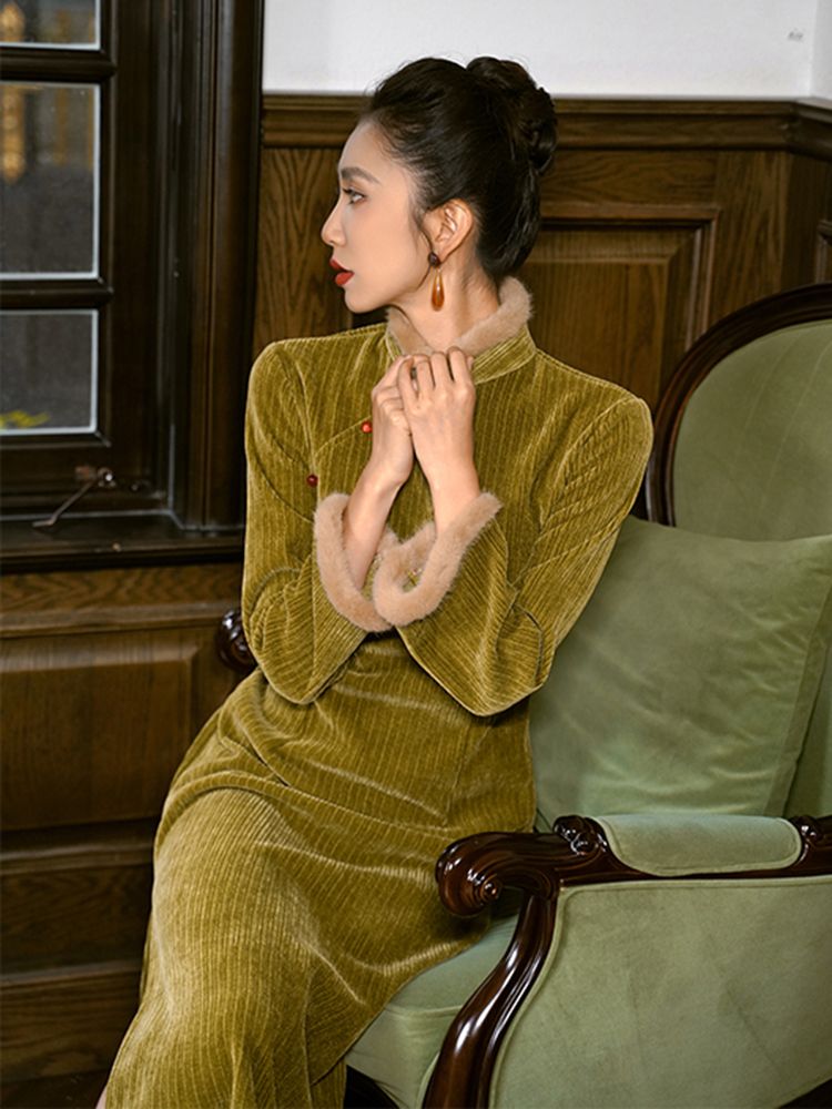 綠色改良版旗袍女2023年新款秋冬季新中式國風加厚加絨年輕款少女
