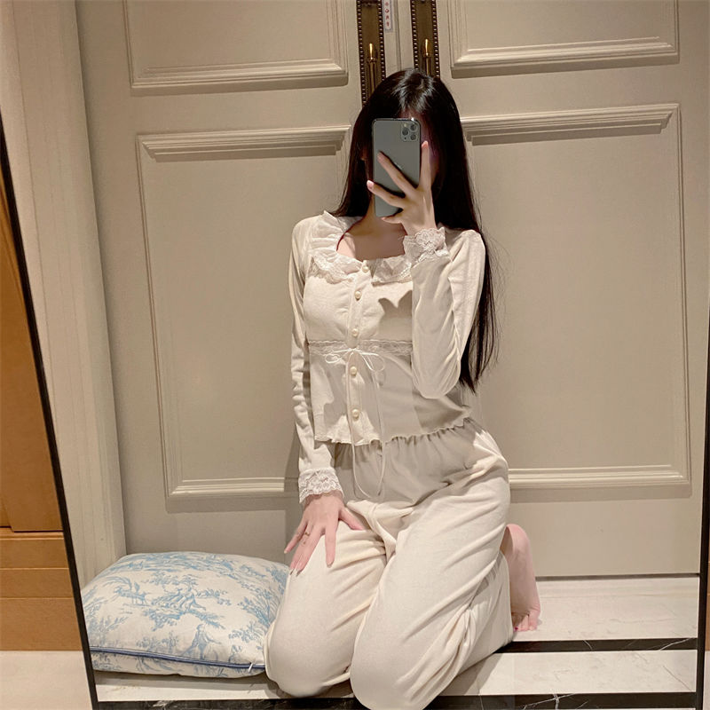 秋冬季海島絨開衫睡衣女法式純欲蕾絲花邊帶胸墊保暖家居服套裝