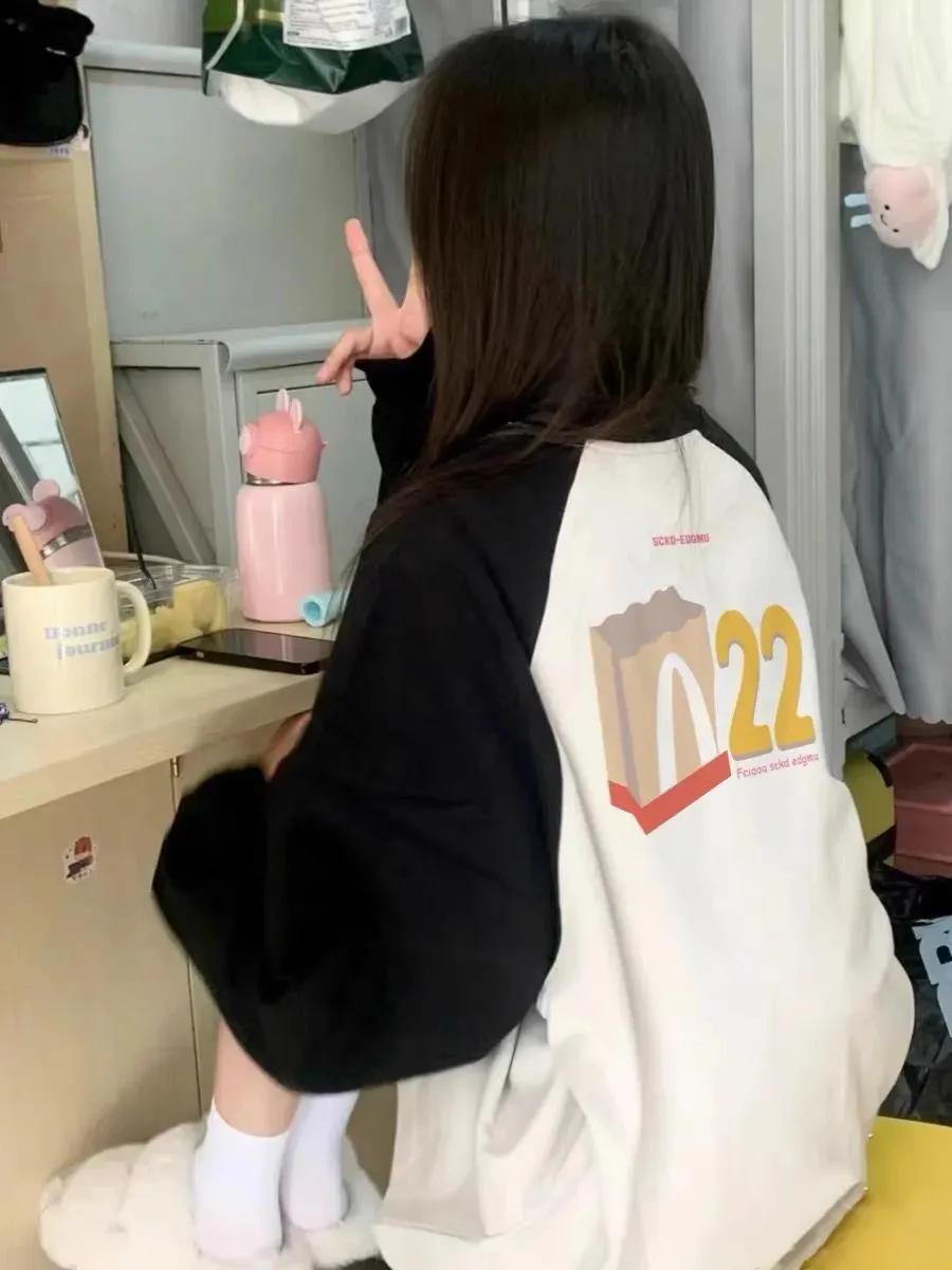 100%純棉復古德絨撞色插肩長袖t恤女2023秋季ins韓版百搭學生上衣