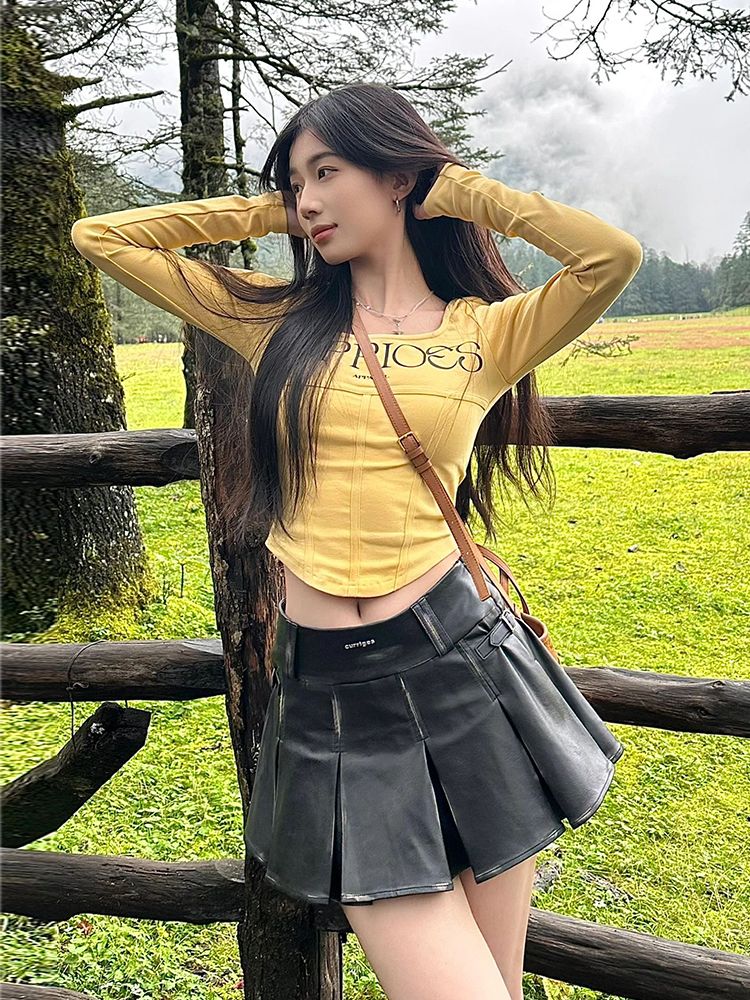 美式y2k辣妹長袖t恤女秋季新款內搭外穿打底衫修身顯瘦露臍上衣潮
