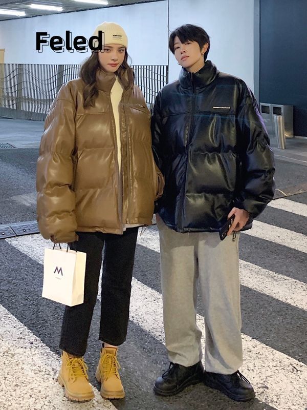 飛拉丹頓情侶冬裝加厚棉衣外套pu皮棉服男女立領寬鬆顯瘦百搭上衣