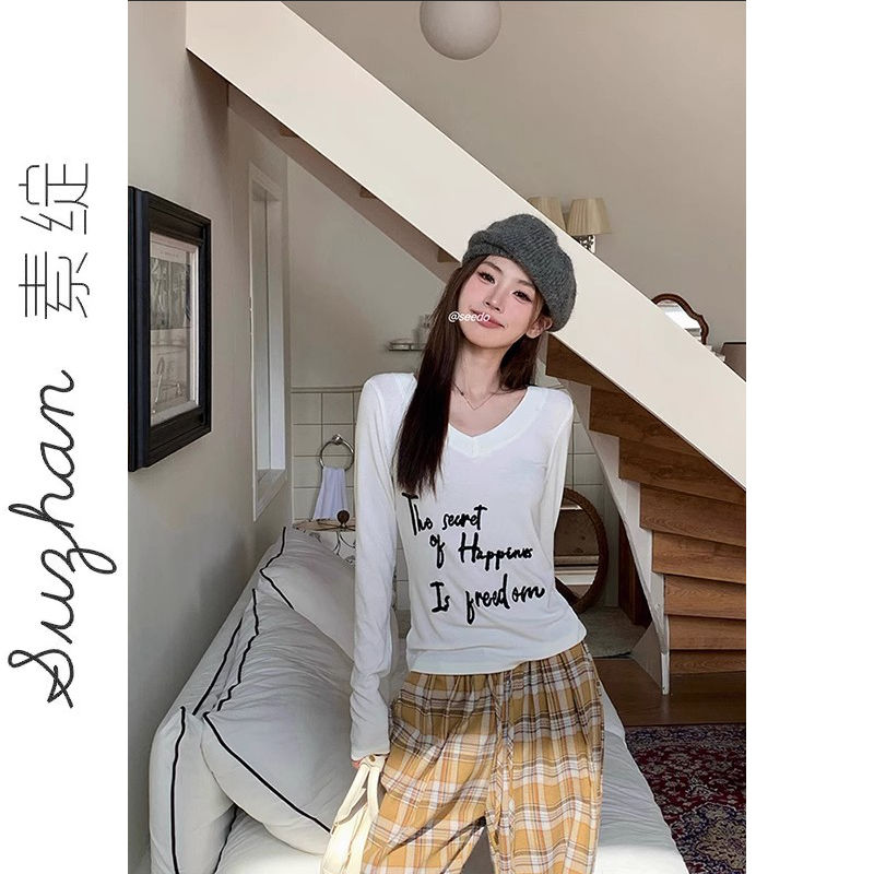 韓版設計感小眾V領德絨打底衫女秋冬辣妹修身顯瘦加絨T恤上衣外穿