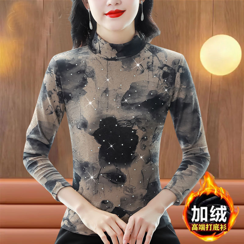 專櫃同款女士針織打底衫長袖上衣秋冬新款長袖寬鬆洋氣印花媽媽裝