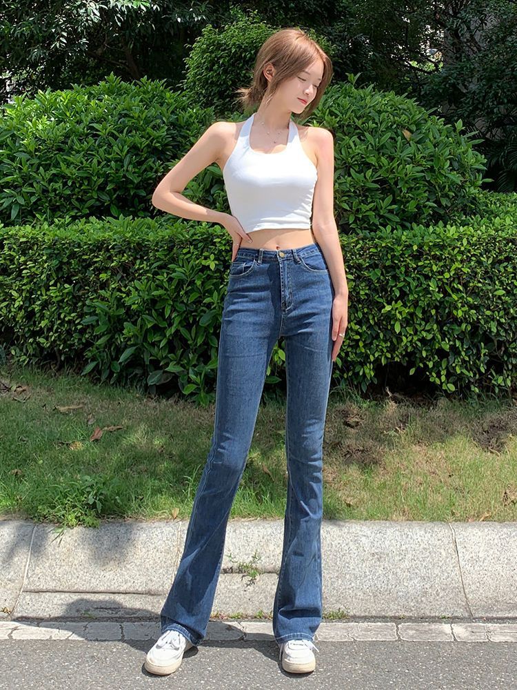 高腰彈力微喇牛仔褲女2023年秋冬新款復古闊腿復古百搭顯瘦喇叭褲