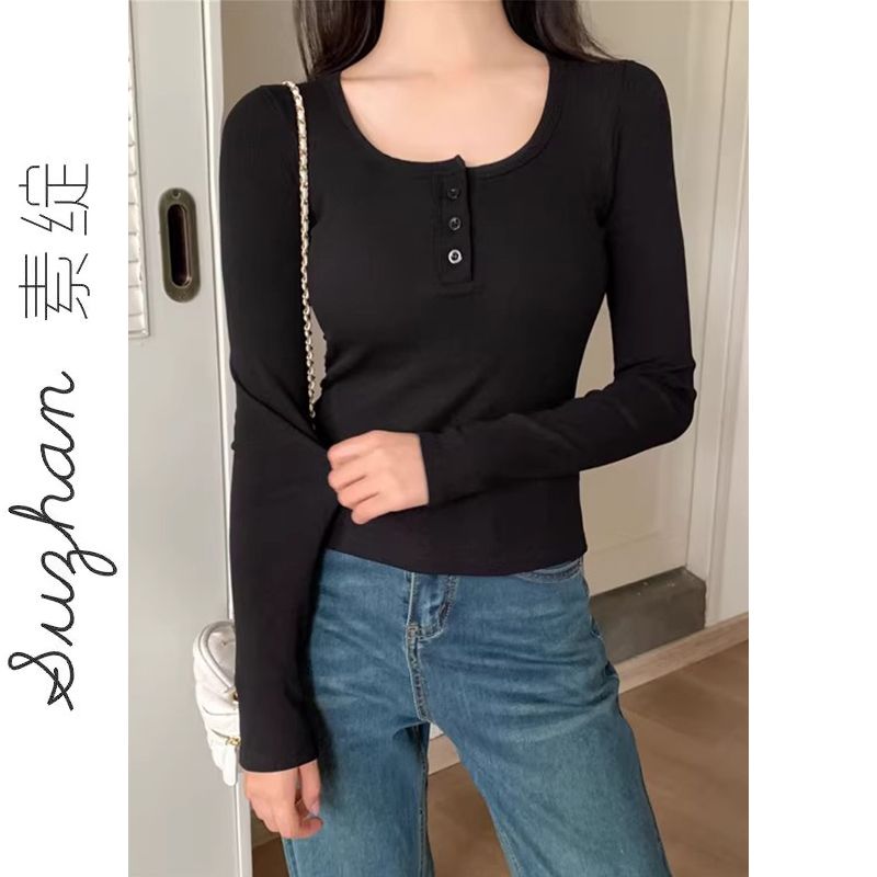韓系半開領紐扣長袖打底衫女秋冬修身純欲甜辣妹顯瘦德絨保暖上衣