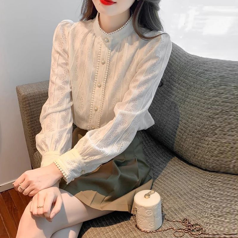長袖蕾絲襯衣女秋冬新款法式小眾立領時尚洋氣小衫寬鬆顯瘦上衣潮