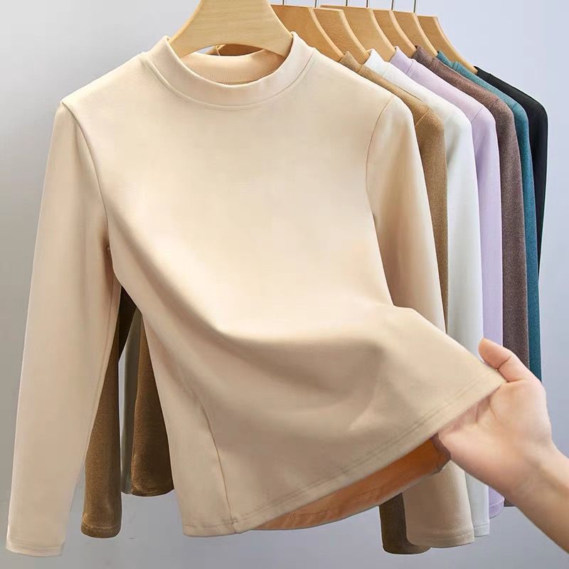 Double-sided German velvet bottoming shirt for women in autumn and winter, thickened round neck warm autumn clothing, hair-grinding hot large size versatile top