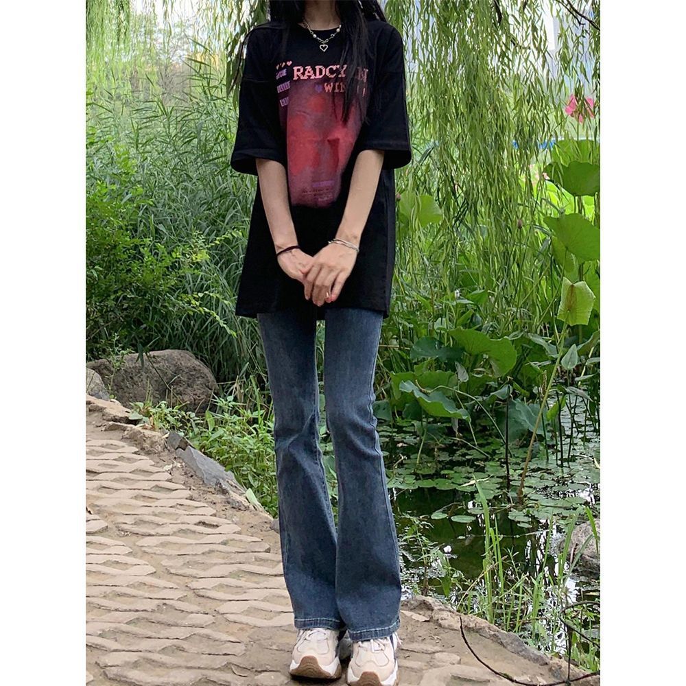 美式辣妹2023新款秋冬高腰顯瘦微喇牛仔拖地長褲子藍色高街ins潮
