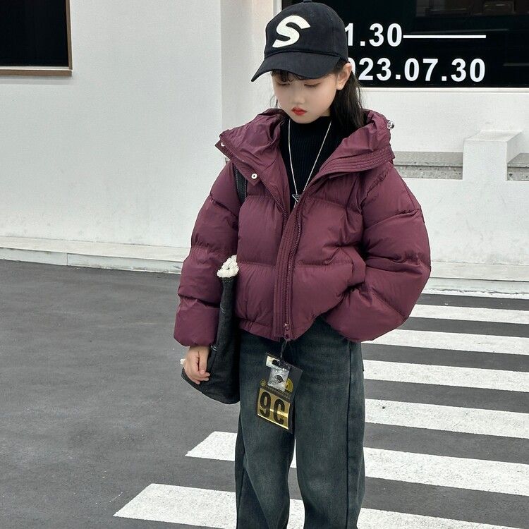 女童連帽羽絨服2023冬季新款中大童加厚洋氣羽絨服外套加絨牛仔褲