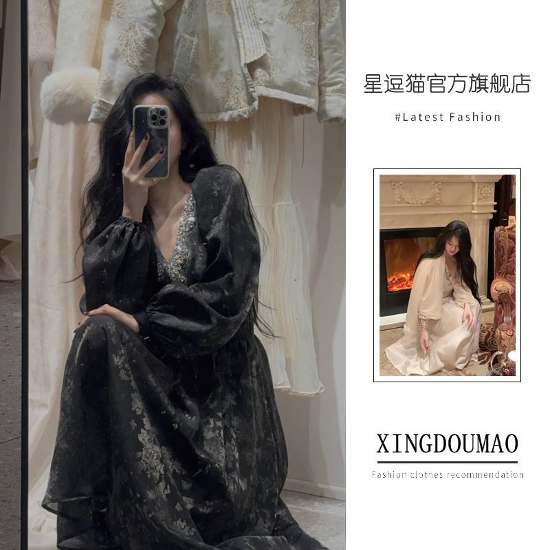 Suit French autumn and winter Chinese style old money style waist new slim dress Hepburn velvet long skirt jacket