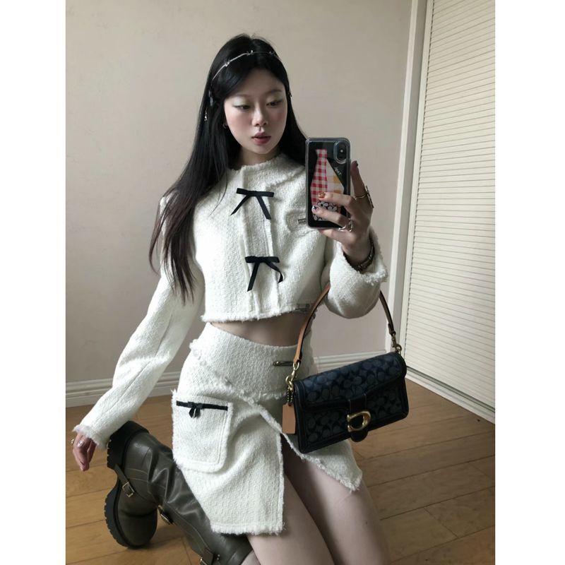 套裝女2023秋冬季新款千金感小香風短款夾克外套高腰半身裙兩件套