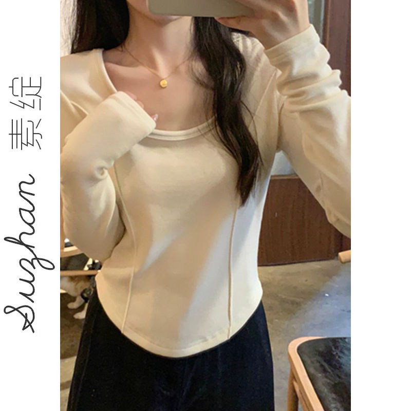 韓版雙面磨毛軟糯德絨打底衫女秋冬圓領魚骨弧邊長袖純色保暖上衣