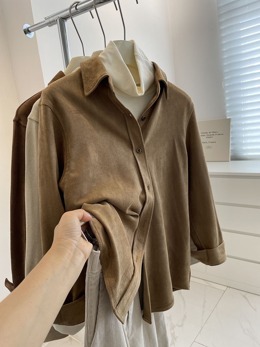 粽色系復古麂皮絨襯衫女秋冬通勤百搭疊穿內搭休閒長袖襯衣上衣