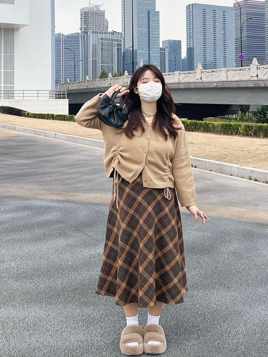 大碼女裝復古毛衣打底衫內搭秋冬顯瘦套裝格子毛呢半身裙兩件套女