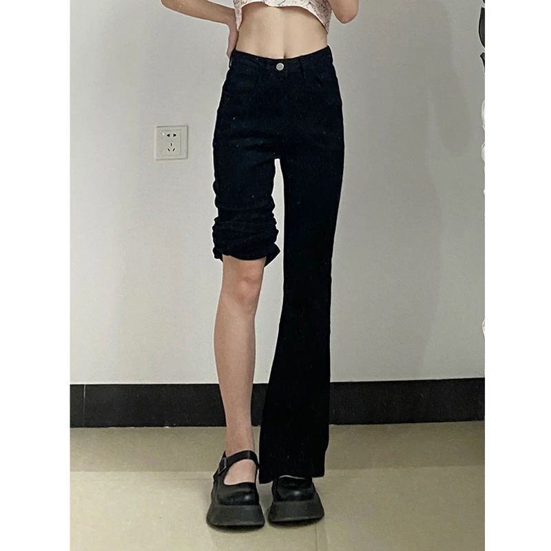 黑色高腰微喇牛仔褲女秋冬新款寬鬆顯瘦大碼胖mm彈力直筒闊腿褲子