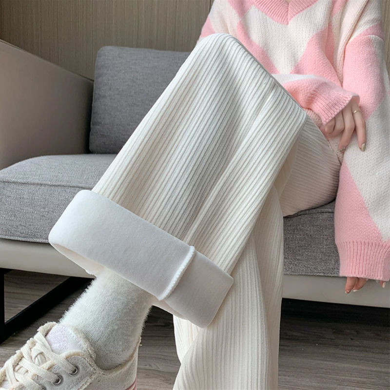 Corduroy white plus velvet thickened wide-leg pants for women winter new high-waisted loose slim casual straight-leg floor mopping pants