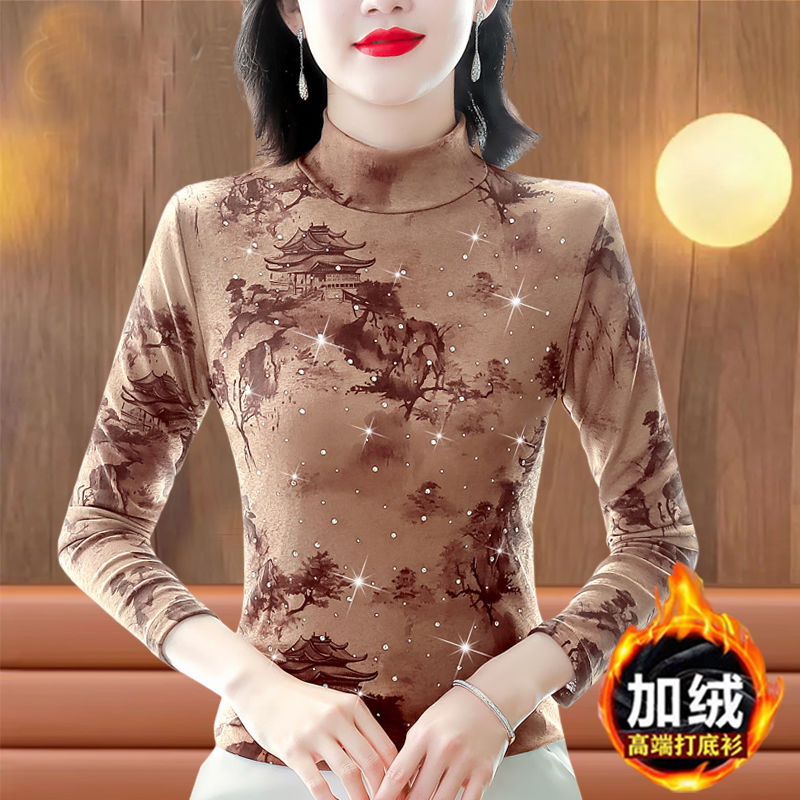專櫃熱銷女士長袖針織打底衫秋冬新款寬鬆上衣時尚印花氣質媽媽裝
