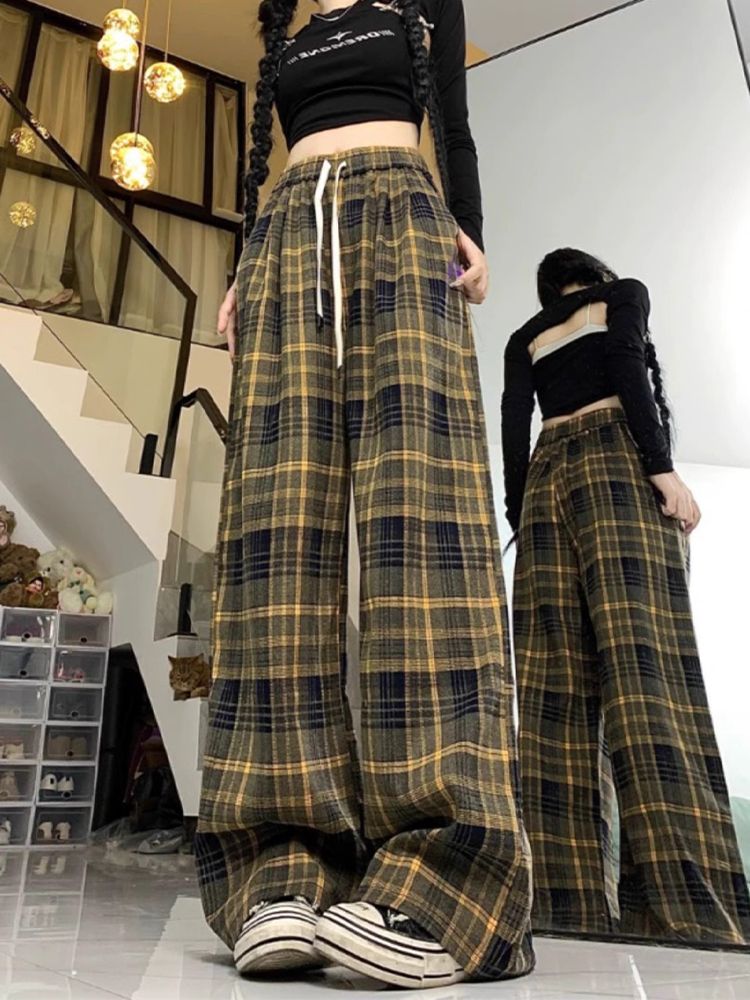 黃色格子闊腿褲女冬季新款高腰寬鬆遮肉顯瘦休閒復古拖地直筒褲子