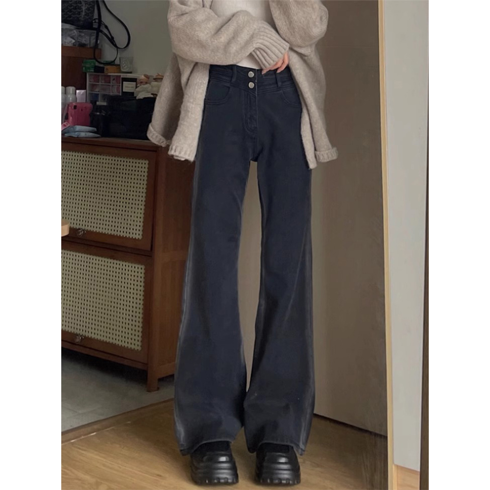 美拉德黑色修容微喇叭牛仔褲女秋冬新款顯瘦高腰寬鬆拖地闊腿褲子