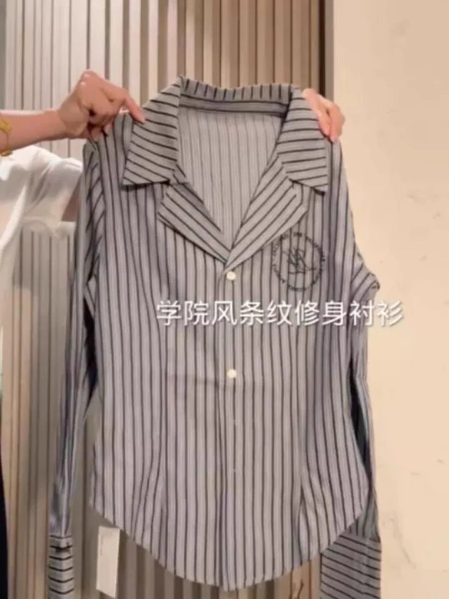 修身顯瘦條紋長袖V領襯衫女春秋季新款純欲風小個子開衫上衣ins女