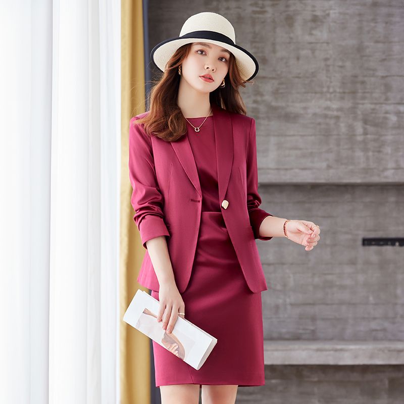 玫紅色西裝套裝裙女春秋新款主持人正裝西服外套職業工作服兩件套