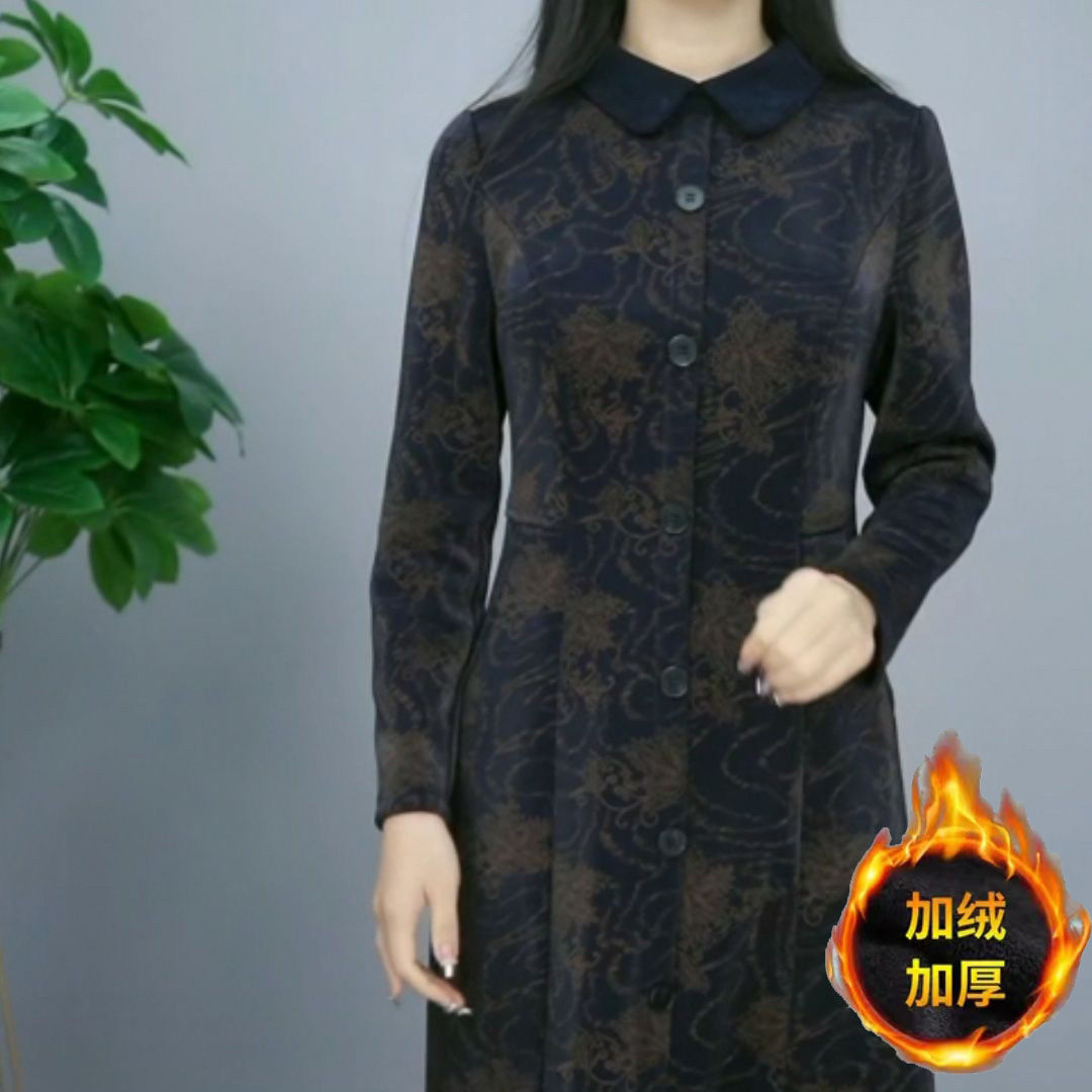 中年女裝琉璃精紡加絨加厚秋冬款連衣裙外穿2023女洋氣改良旗袍裙