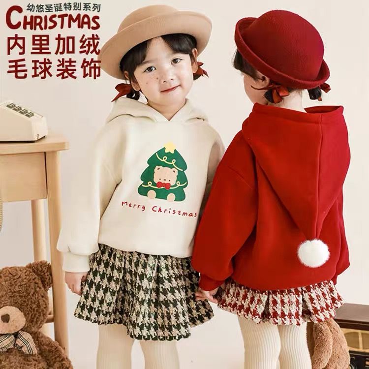 女童加绒卫衣可爱巫师帽宝宝冬季圣诞新款保暖套头上衣潮外穿