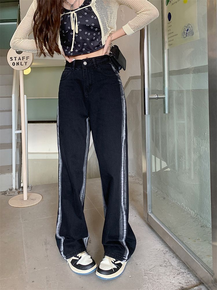 黑色高腰牛仔褲女秋冬季加絨漸變大碼微胖寬鬆顯瘦胯寬腿粗闊腿褲