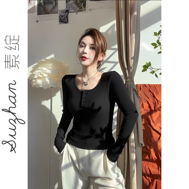 黑色方領德絨打底衫女秋冬德絨正肩T恤修身美式高級感氣質上衣ins