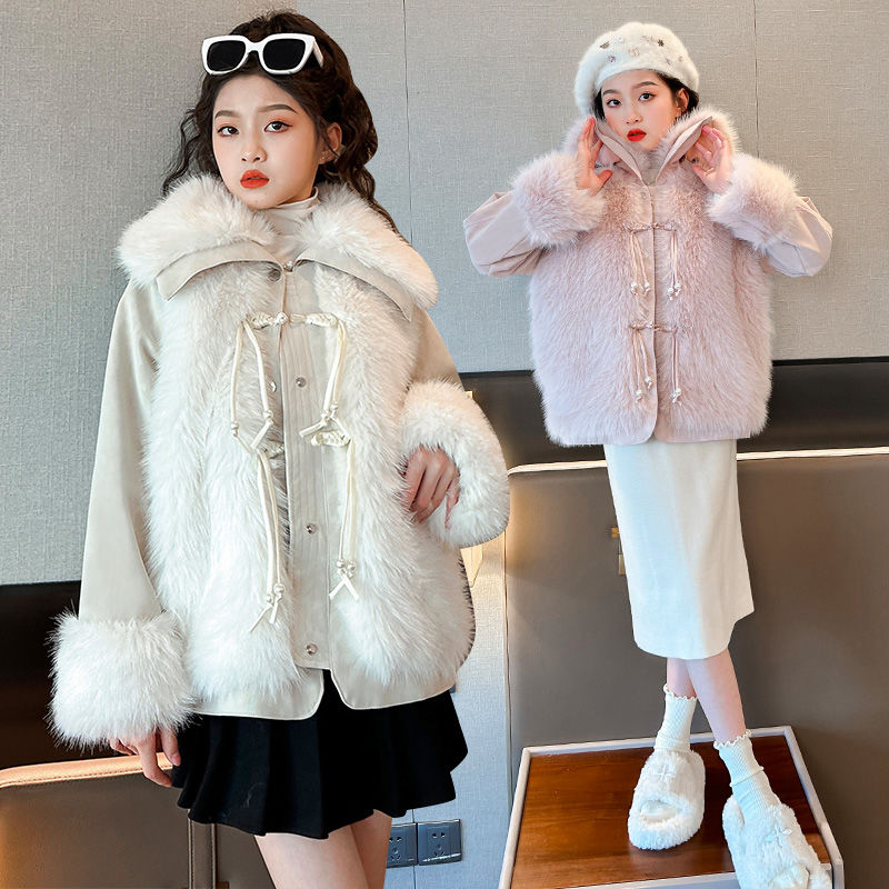 女童2023秋冬仿皮冬季新款中式儿童皮毛加厚加绒冬装洋气毛衣外套