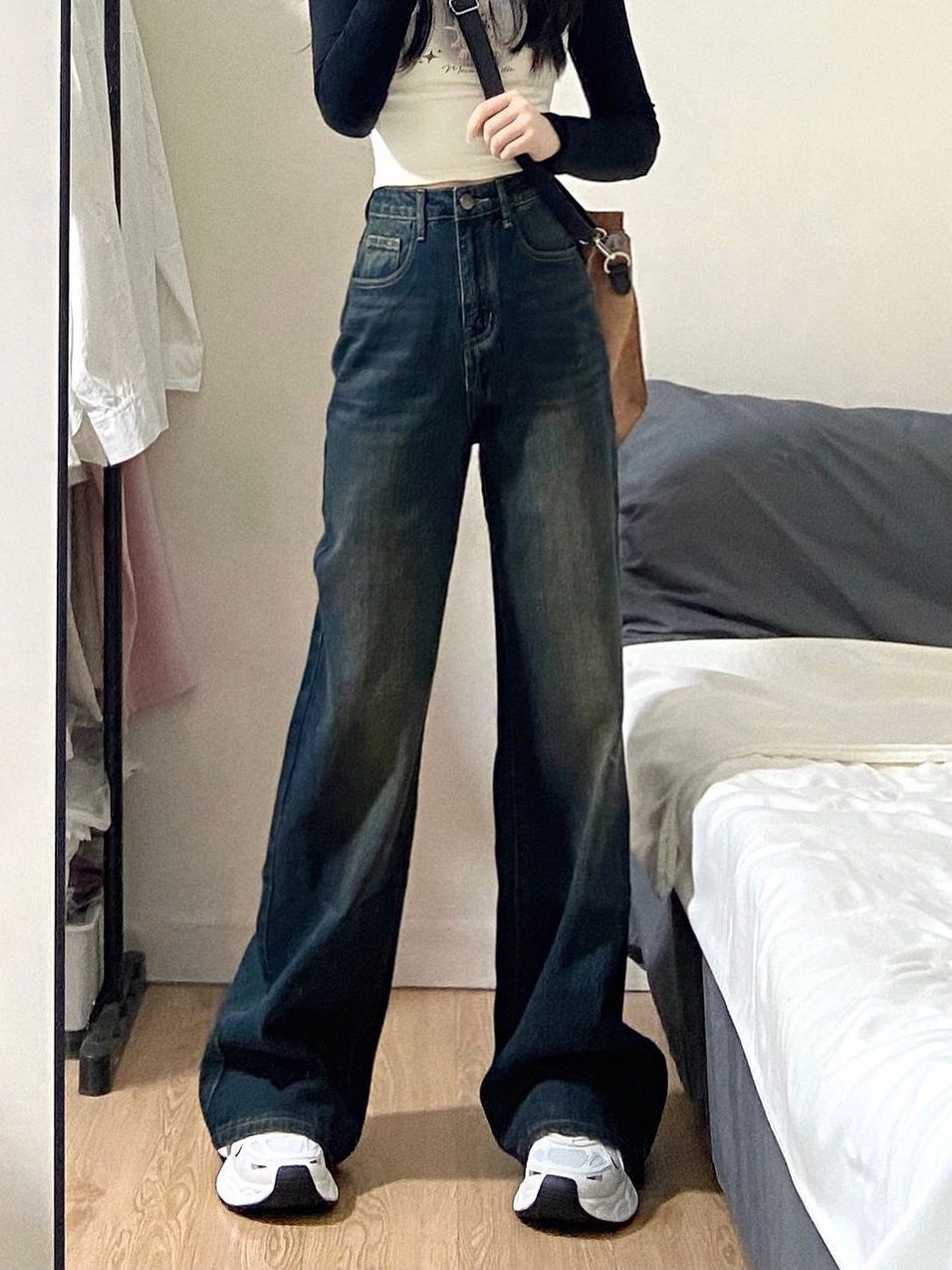 復古藍微喇叭牛仔褲女秋冬季加絨oversize美式高街寬鬆直筒闊腿褲