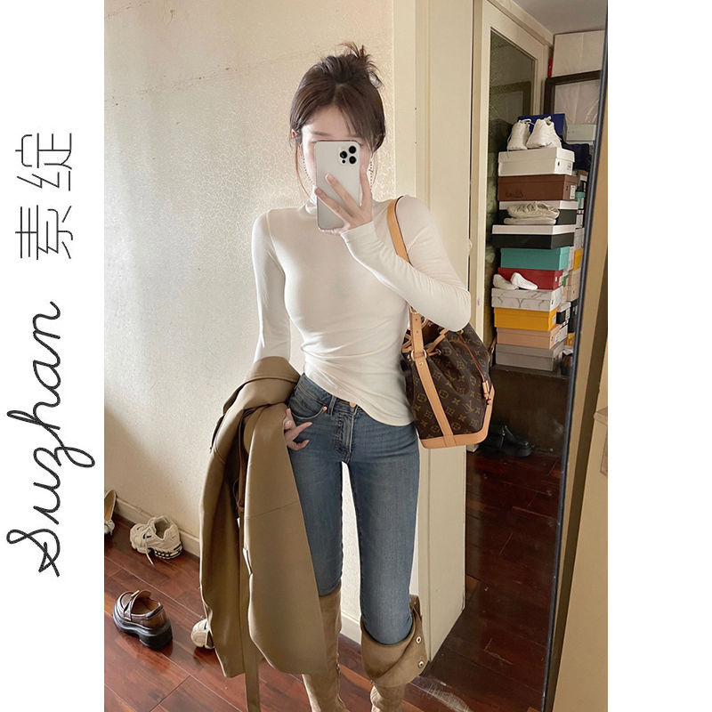 半高領長袖打底衫女秋冬保暖德絨修身純色顯瘦百搭純欲風辣妹上衣