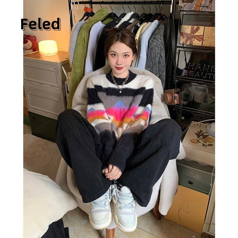 飛拉丹頓秋冬復古星星條紋撞色設計感針織毛衣男女秋冬慵懶風上衣