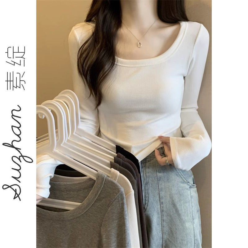 簡約時尚百搭德絨保暖打底衫女秋冬長袖t恤方領正肩修身短款上衣