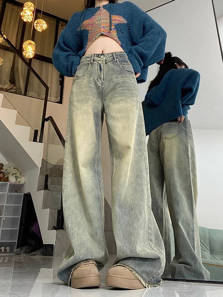 復古黃泥闊腿牛仔褲女冬季新款高腰寬鬆顯瘦百搭毛邊直筒拖地褲子