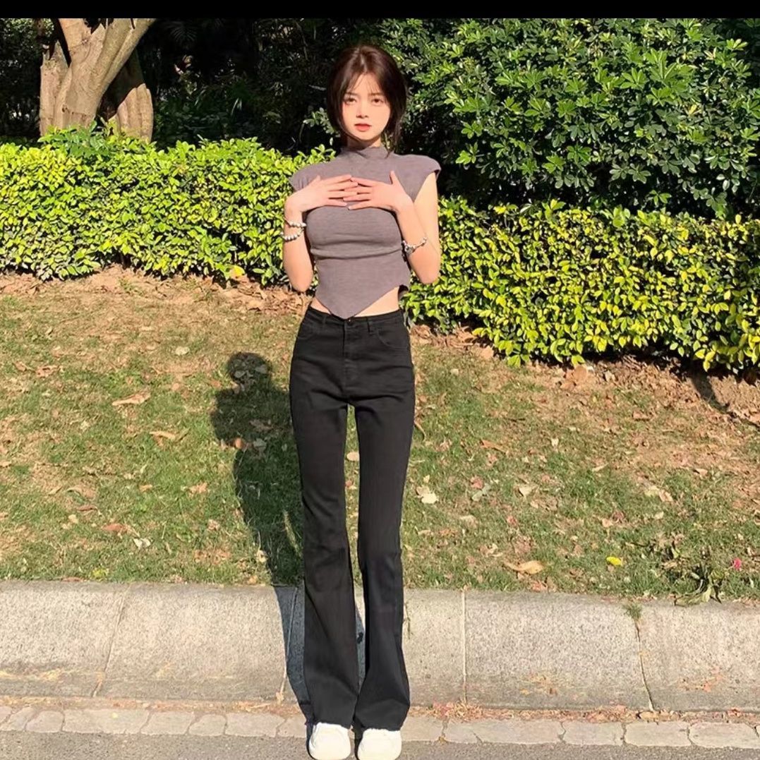 微喇叭牛仔褲女高腰秋冬季加絨加厚黑色彈力顯瘦直筒寬鬆拖地褲潮