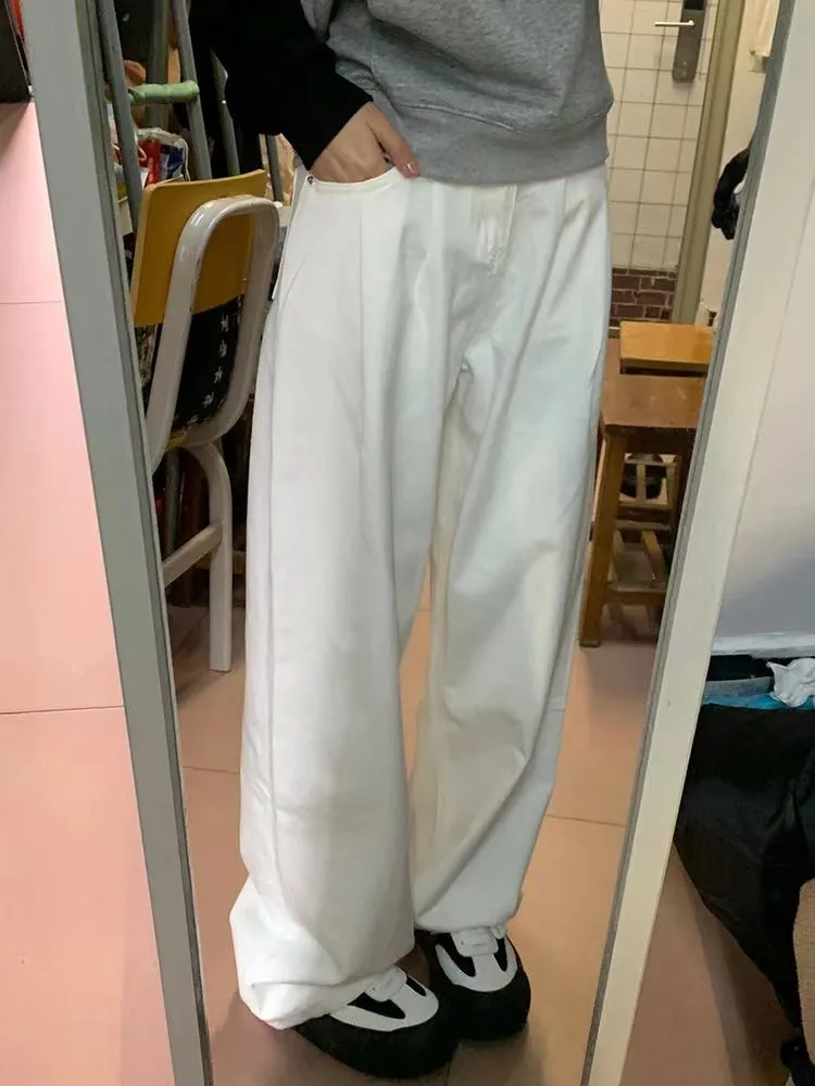白色設計感闊腿牛仔褲女新款ins小個子高腰寬鬆垂感直筒拖地褲潮