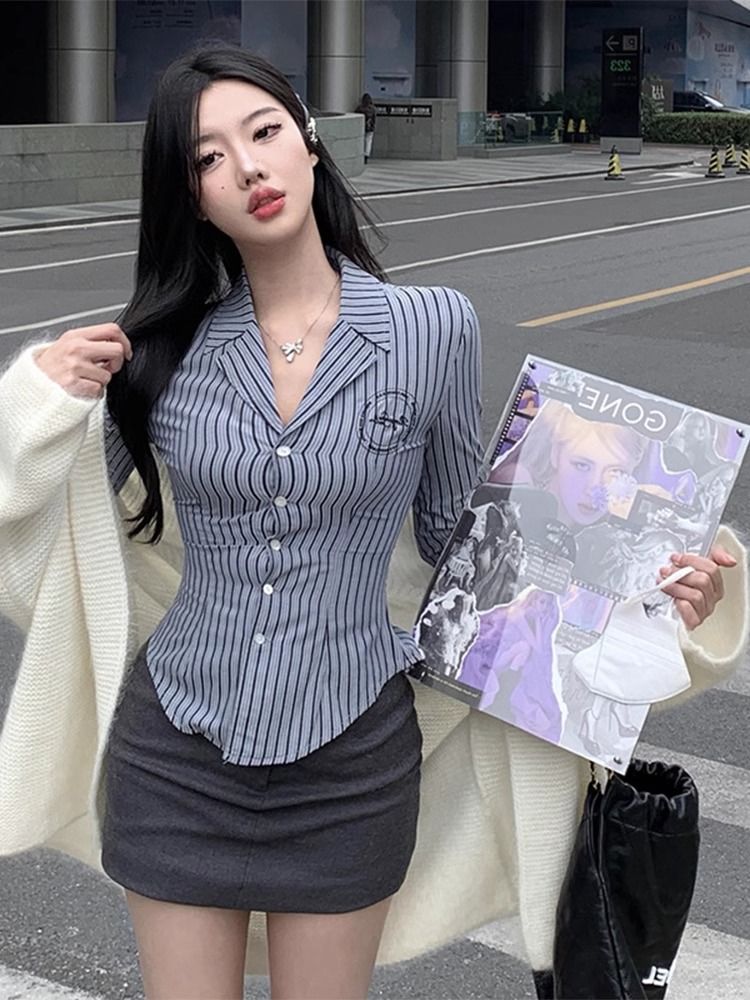 2023春秋新款美拉德長袖襯衣短款修身上衣藍色條紋收腰顯瘦襯衫女