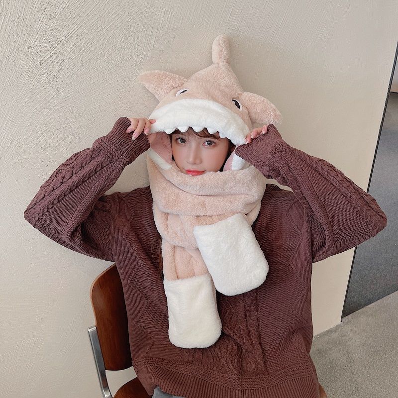 Winter cute shark hat women's all-in-one hat warm Korean style hat scarf gloves three-piece set children's ear protection hat