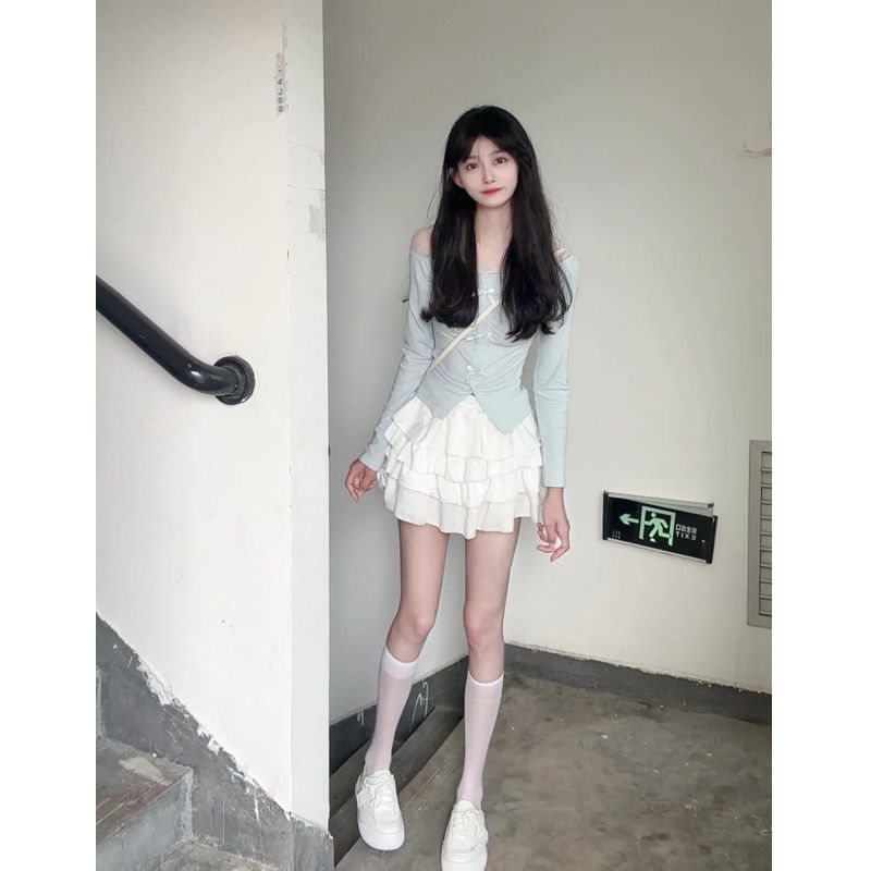 套裝女2023春秋新款辣妹設計拼接長袖T恤上衣高腰顯瘦蛋糕半身裙