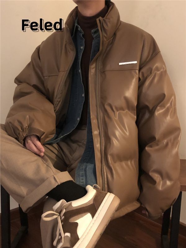 飛拉丹頓秋冬美式復古pu皮棉服外套男女寬鬆加厚保暖立領百搭棉衣