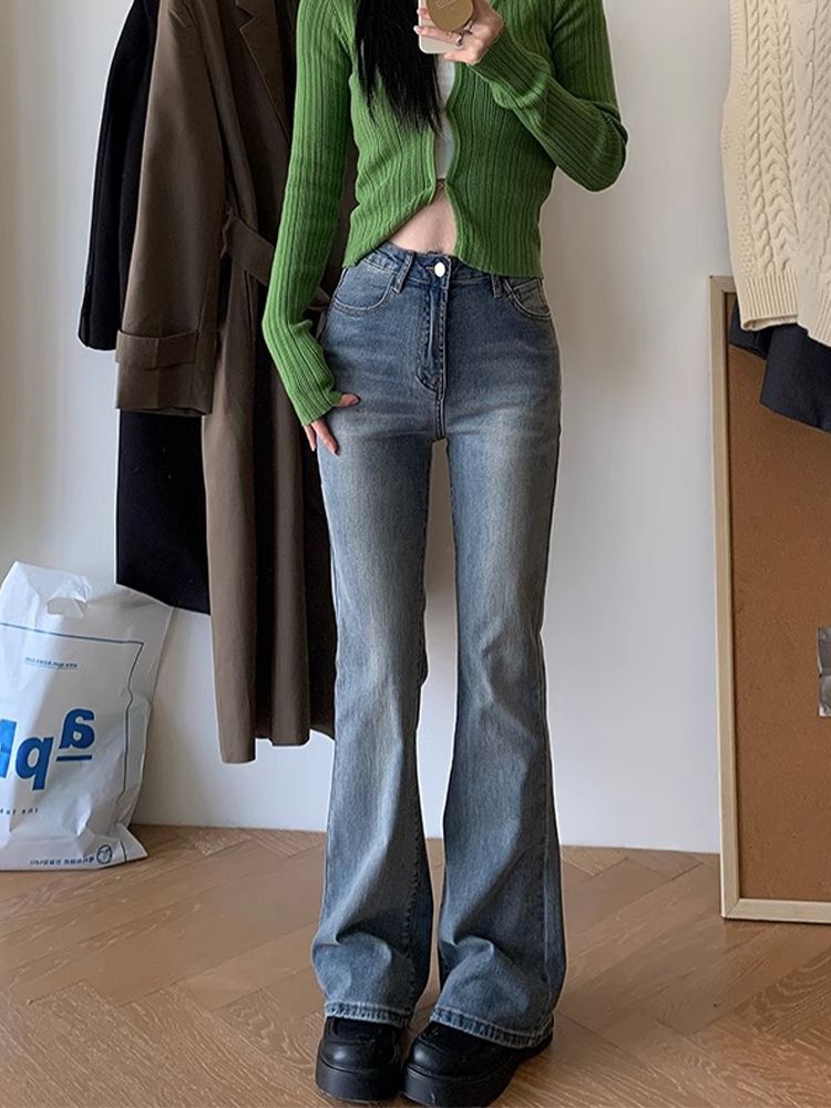 設計感復古微喇牛仔褲女冬季新款高腰修身顯瘦直筒拖地喇叭褲子潮