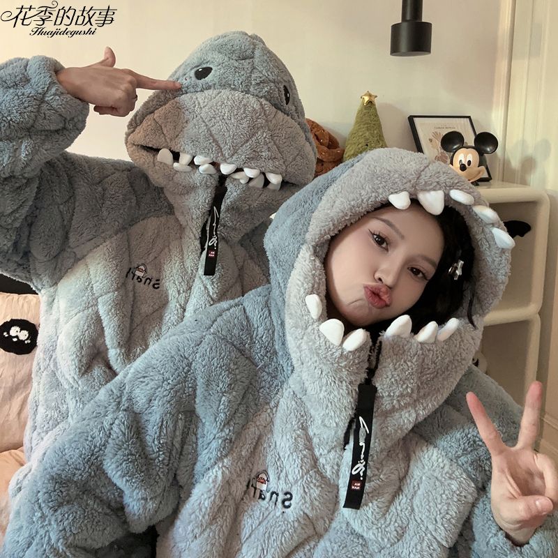 花季的故事鯊魚情侶款秋冬季三層夾棉睡衣女連帽睡袍加厚家居服男