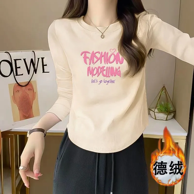 設計感不規則保暖加絨打底衫內搭上衣純棉長袖t恤女時尚洋氣新款