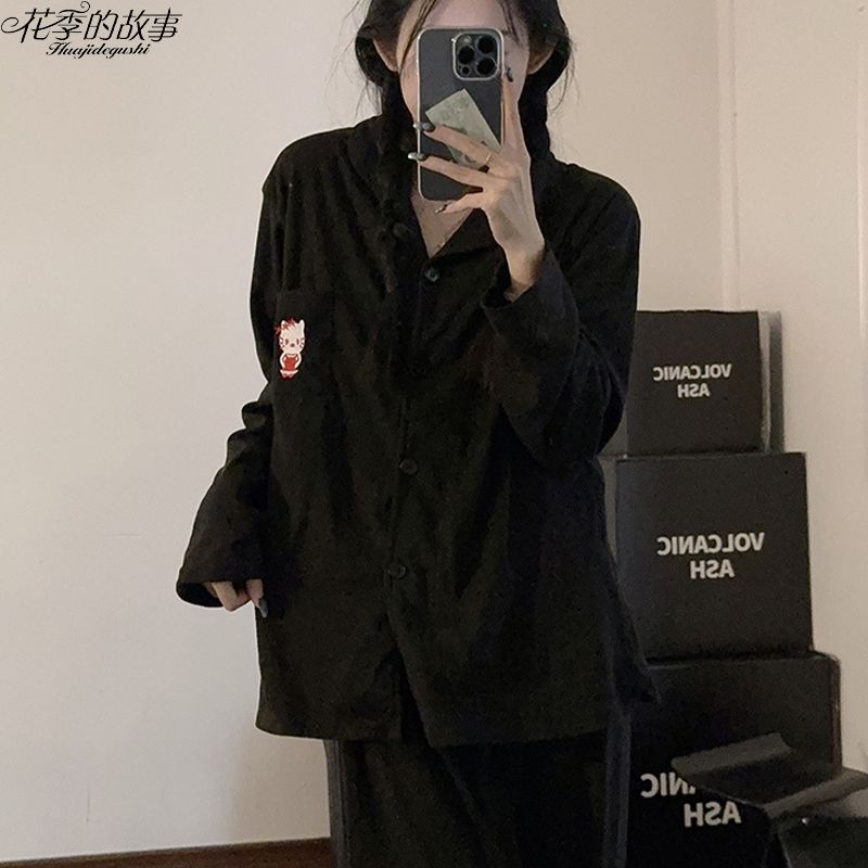 花季的故事德絨春秋季睡衣女長袖套裝加絨可愛卡通kt貓家居服新款