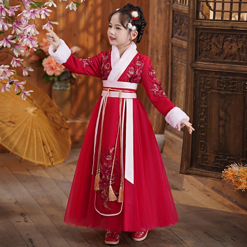 漢服女童冬季裙子2023新款冬裝拜年服公主裙兒童新年連衣裙秋冬款